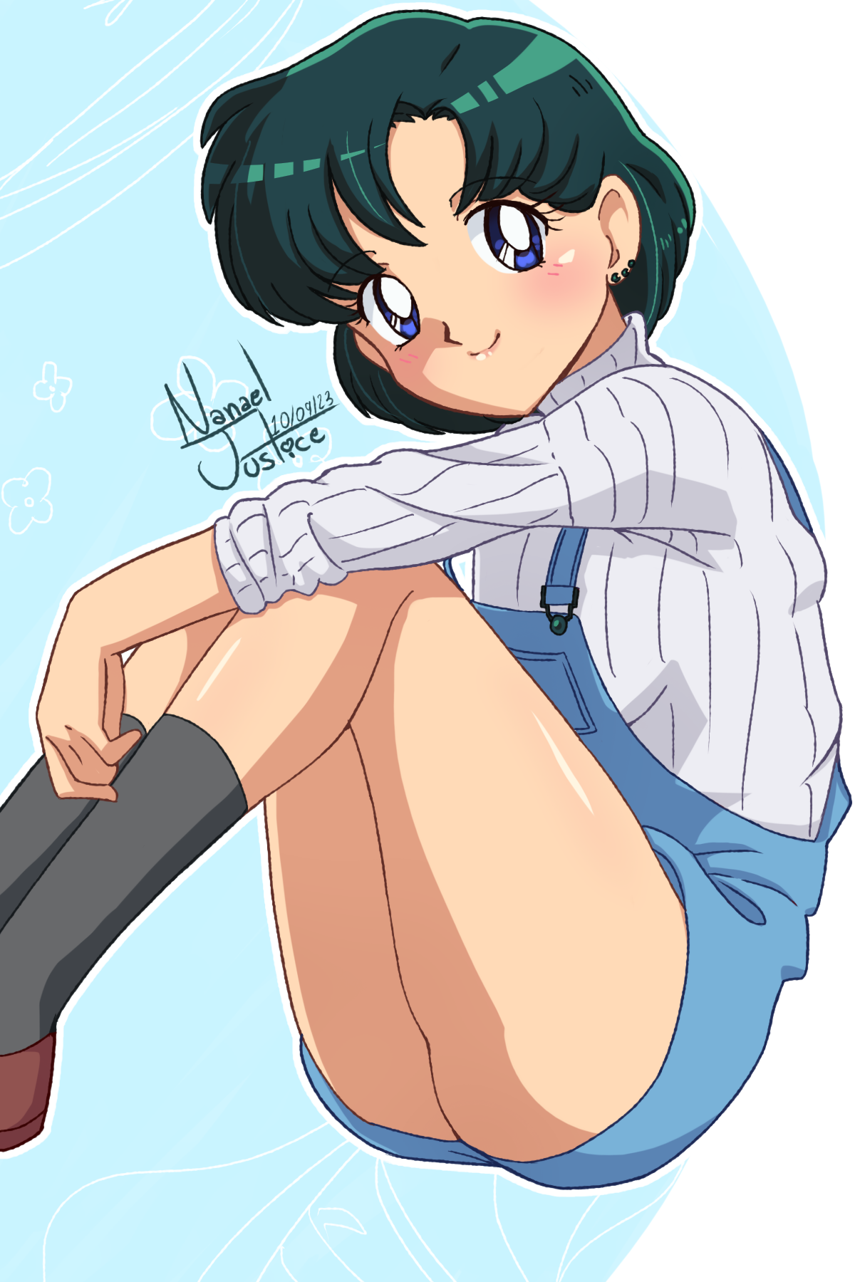 nanaeljustice, mizuno ami, bishoujo senshi sailor moon, highres, 1girl, ass, black socks, blue eyes, blue hair, blue overalls, blush, lips, looking at viewer, overalls, shirt, sitting, smile, socks, solo, sweater, thick thighs, thighs, turtleneck, turtleneck sweater, white shirt