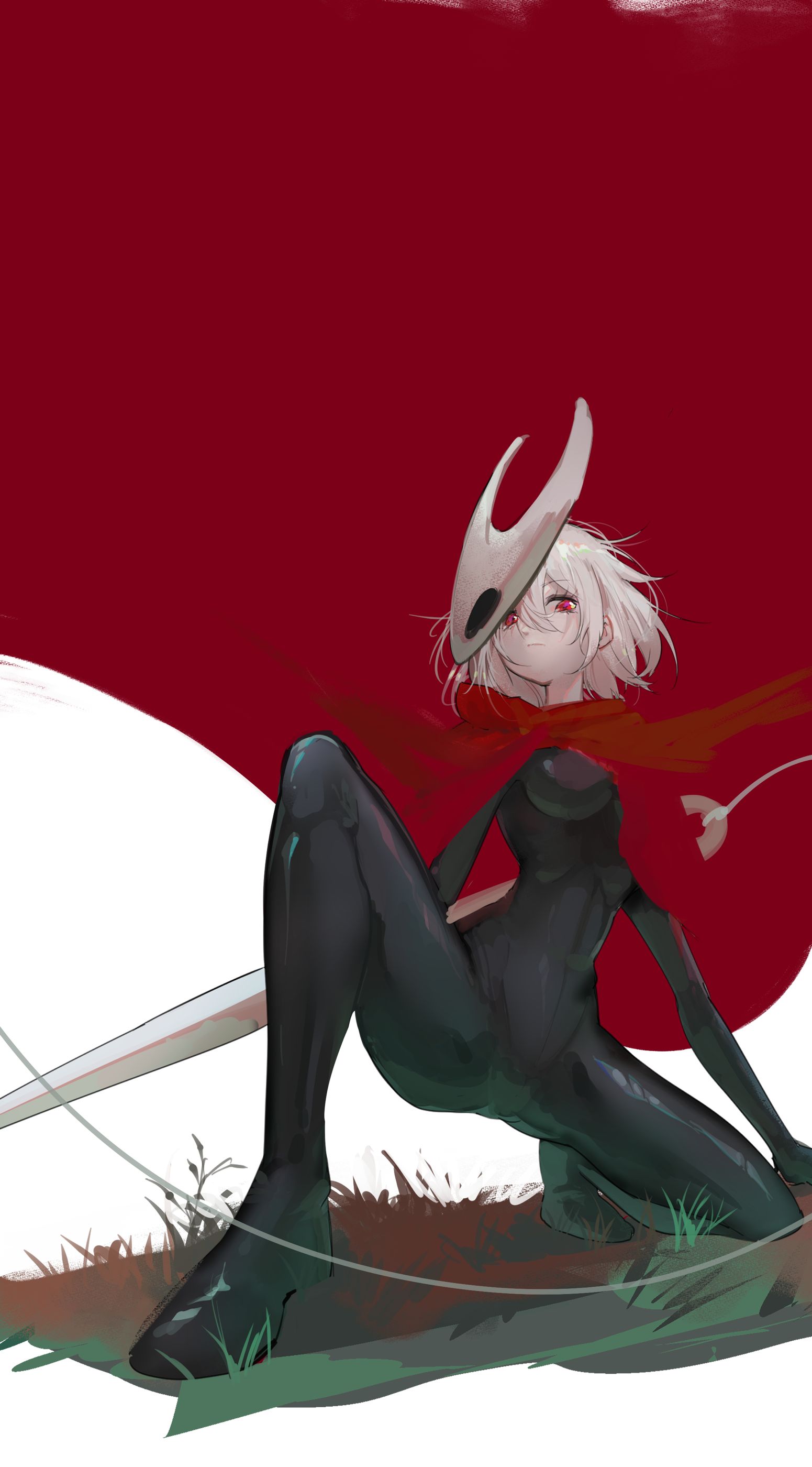 tanziya (codlxcold), hornet (hollow knight), hollow knight, hollow knight: silksong, absurdres, highres, 1girl, bodysuit, breasts, cloak, colored skin, full body, holding, holding weapon, horned mask, horns, looking at viewer, mask, needle (hollow knight), red cloak, red eyes, simple background, solo, weapon, white background