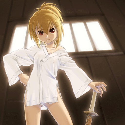 caryo, takeda yukimura, chiba kirino, bamboo blade, animated, animated gif, slideshow animation, 00s, 1girl, female focus, gluteal fold, indoors, looking at viewer, see-through silhouette, sequential, shinai, solo, standing, sword, weapon