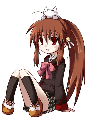 dorua (dollar), lennon, natsume rin, little busters!, 1girl, black socks, bow, bowtie, brown hair, cat, female focus, full body, grey skirt, kneehighs, long sleeves, miniskirt, pigeon-toed, pink bow, pink bowtie, plaid clothes, plaid skirt, pleated skirt, red eyes, simple background, sitting, skirt, socks, solo, white background