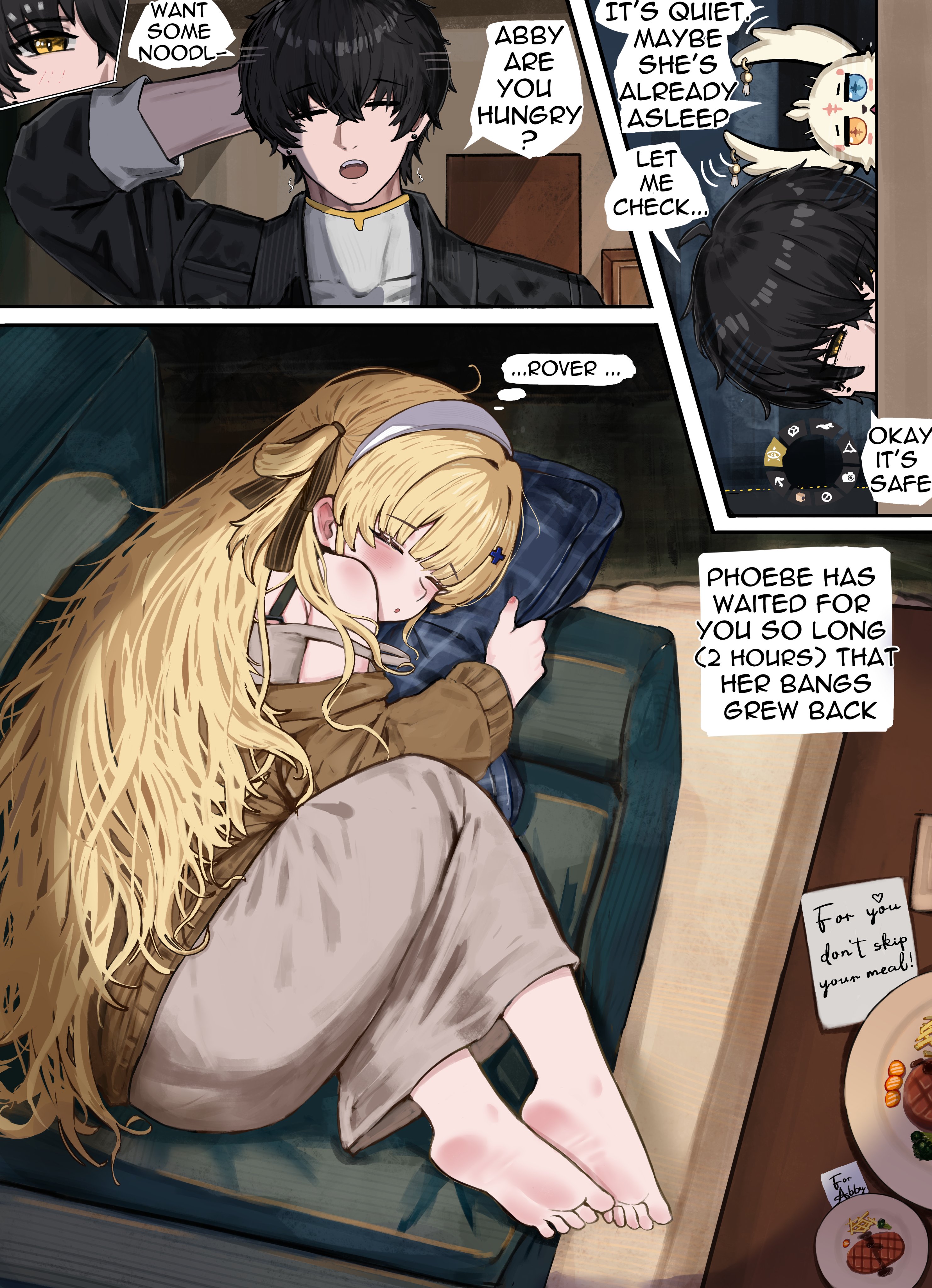 2na (blue2na), abby (wuthering waves), male rover (wuthering waves), phoebe (wuthering waves), rover (wuthering waves), wuthering waves, absurdres, commentary, english commentary, highres, 1boy, 1girl, alternate costume, barefoot, black hair, black jacket, blonde hair, closed eyes, couch, dress, english text, feet, food, grey dress, grey shirt, hair ornament, hairband, indoors, jacket, long hair, on couch, open mouth, peeking out, shirt, sleeping, soles, user interface, very long hair, white hairband, x hair ornament, yellow eyes