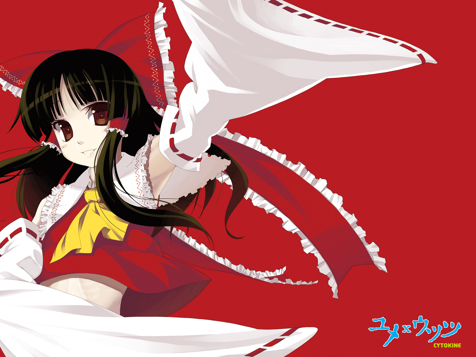 kabayaki unagi, hakurei reimu, touhou, highres, 1girl, ascot, black hair, blush, bow, brown eyes, detached sleeves, female focus, floating hair, hair bow, hair tubes, long hair, long sleeves, looking at viewer, red background, ribbon, ribbon-trimmed sleeves, ribbon trim, simple background, smile, solo, wide sleeves