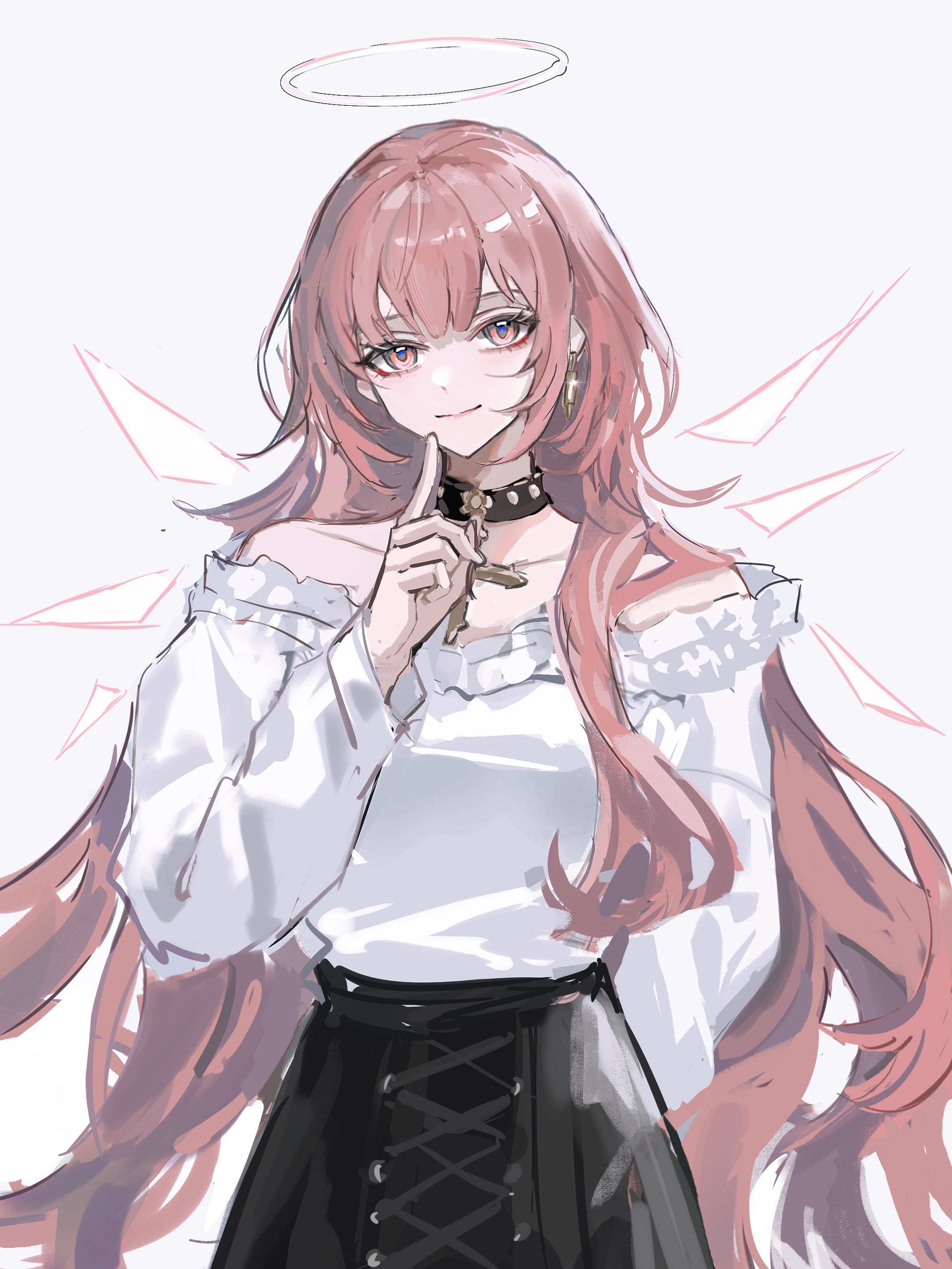 zhishi mao tiao, lemuen (arknights), arknights, absurdres, chinese commentary, commentary request, highres, 1girl, arm behind back, bare shoulders, black collar, black skirt, closed mouth, collar, cross, detached wings, earrings, finger to own chin, halo, jewelry, latin cross, long hair, long sleeves, looking at viewer, off shoulder, pink eyes, pink hair, shirt, simple background, skirt, smile, solo, traditional halo, white background, white halo, white shirt, wings