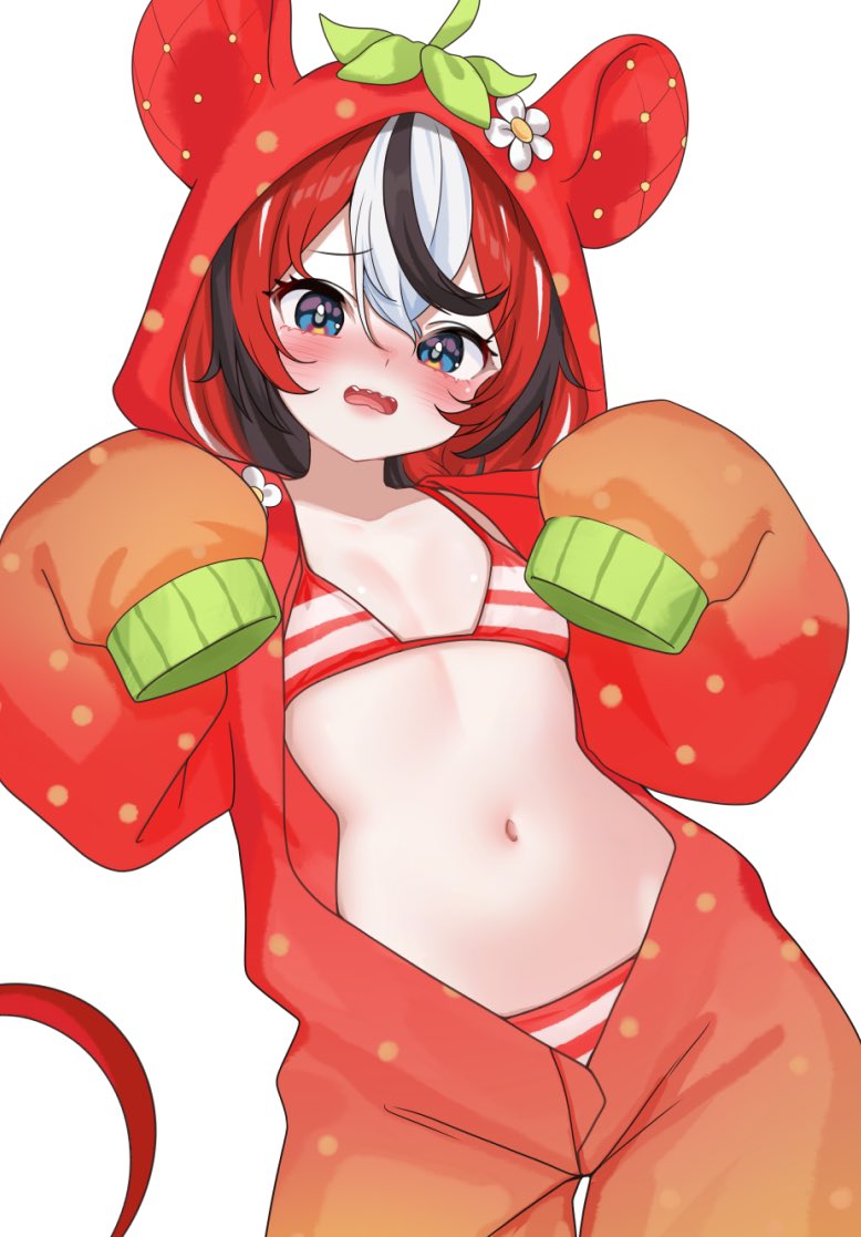 moshiedraws, hakos baelz, hakos baelz (strawberry onesie), hololive, hololive english, commentary, english commentary, 1girl, animal ears, bikini, black streaks, blue eyes, blush, breasts, embarrassed, hood, hood up, hooded pajamas, looking at viewer, mouse ears, mouse girl, mouse tail, multicolored hair, navel, nose blush, official alternate costume, pajamas, red bikini, red hair, red pajamas, simple background, sleeves past fingers, sleeves past wrists, small breasts, solo, swimsuit, tail, virtual youtuber, white background, white hair