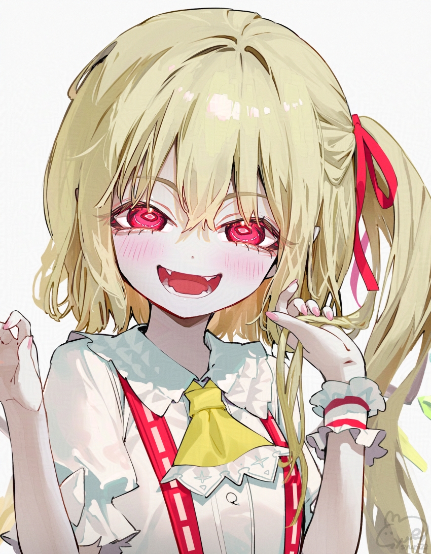 syuri22, flandre scarlet, touhou, commentary request, 1girl, :d, ascot, blonde hair, blush, collared shirt, double-parted bangs, fangs, frilled ascot, frilled shirt collar, frills, hair between eyes, hair ribbon, holding, holding own hair, long hair, looking at viewer, no headwear, one side up, open mouth, pink nails, puffy short sleeves, puffy sleeves, red eyes, red ribbon, ribbon, shirt, short sleeves, simple background, smile, solo, suspenders, upper body, white background, white shirt, wrist cuffs, yellow ascot
