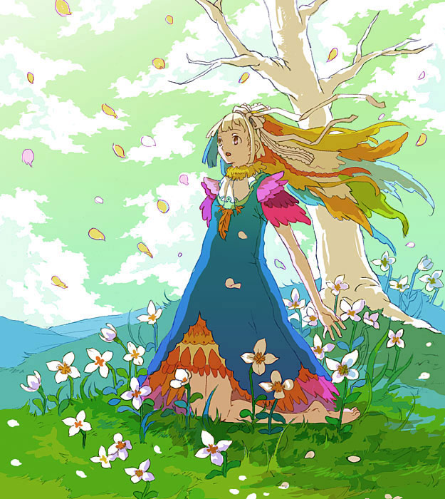 eihi, original, 1girl, barefoot, dress, female focus, floating hair, flower, solo, tree, wind