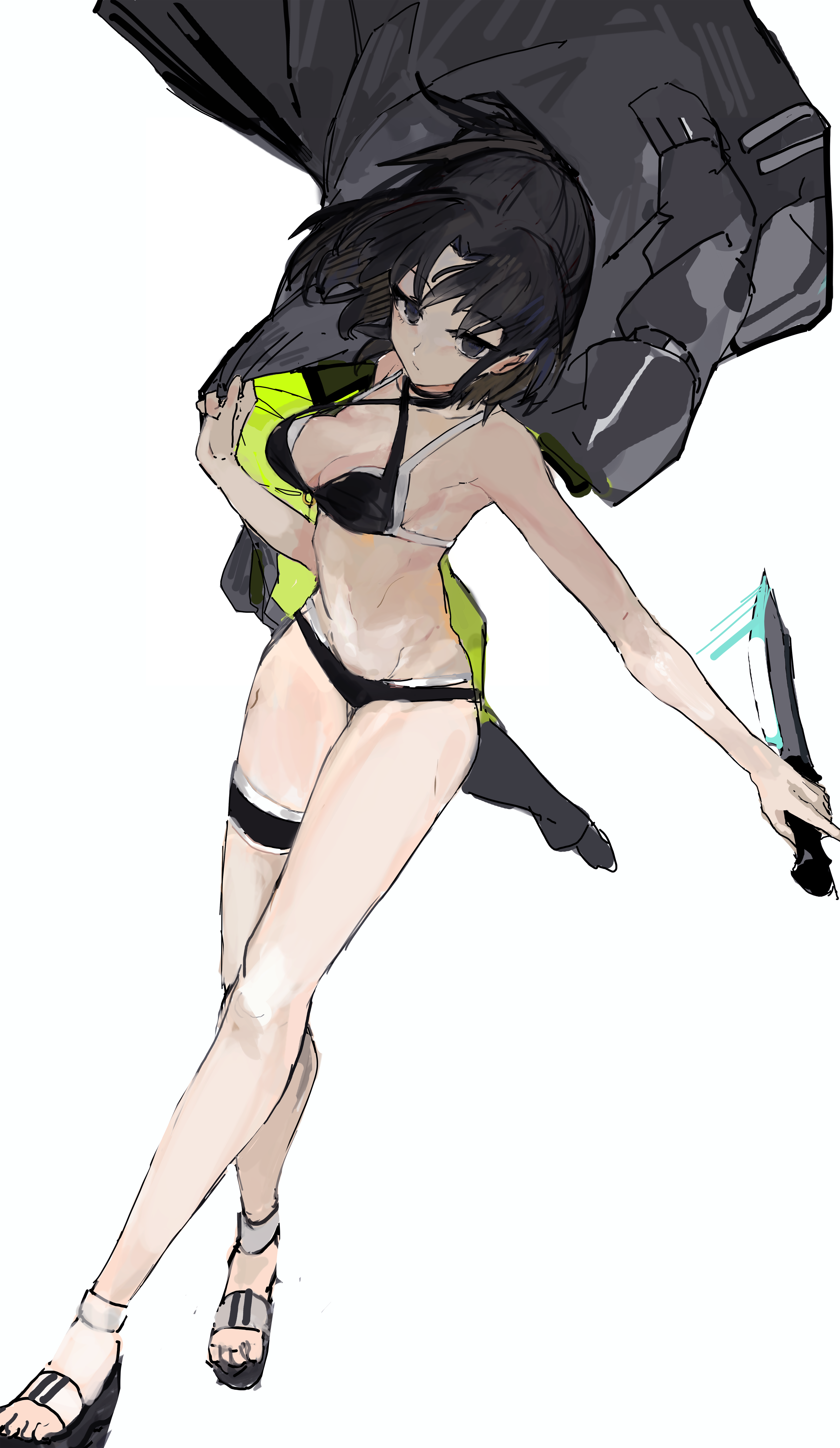 yorurokujuu, ryougi shiki, fate/grand order, fate (series), kara no kyoukai, absurdres, commentary request, highres, 1girl, bikini, black bikini, black eyes, black hair, black jacket, breasts, cleavage, floating hair, holding, holding knife, holding weapon, jacket, knife, looking at viewer, medium breasts, navel, parted bangs, ryougi shiki (swimsuit mooncancer) (first ascension), short hair, simple background, solo, stomach, swimsuit, unworn jacket, weapon, white background