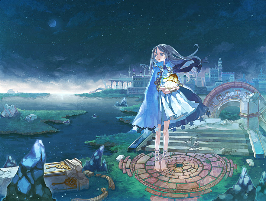 eihi, original, 1girl, architecture, barefoot, bracer, fantasy, female focus, full moon, hair between eyes, looking afar, moon, outdoors, scenery, sky, solo, star (sky), starry sky, two side up