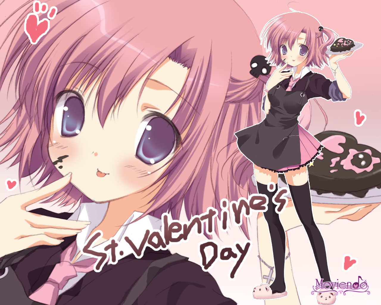 miyasaka miyu, kosaka aimi, erica (moviendo), erica, 1girl, animal slippers, apron, blue eyes, blush, bracelet, cake, cat slippers, chocolate, female focus, food, hair ornament, heart, heart-shaped cake, heart-shaped food, jewelry, miniskirt, necktie, pastry, pink hair, pleated skirt, school uniform, serafuku, short hair, skirt, slippers, solo, thighhighs, tongue, valentine, zettai ryouiki, zoom layer
