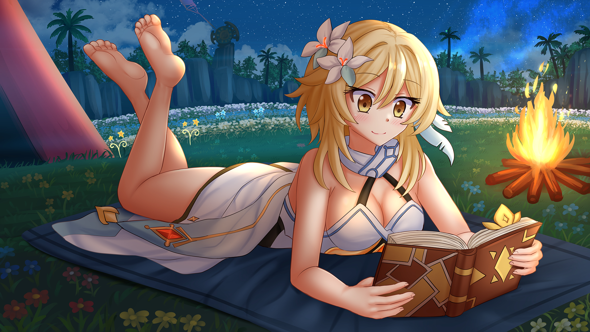 kazenokaze, lumine (genshin impact), genshin impact, commission, highres, 1girl, bare arms, bare shoulders, barefoot, blonde hair, blue flower, blush, book, breasts, campfire, cleavage, closed mouth, dress, field, fire, flower, flower field, glowing, hair flower, hair intakes, hair ornament, holding, holding book, legs up, lying, medium breasts, night, night sky, on stomach, open book, outdoors, palm tree, sky, smile, solo, star (sky), star (symbol), starry sky, tent, tree, white dress, white flower