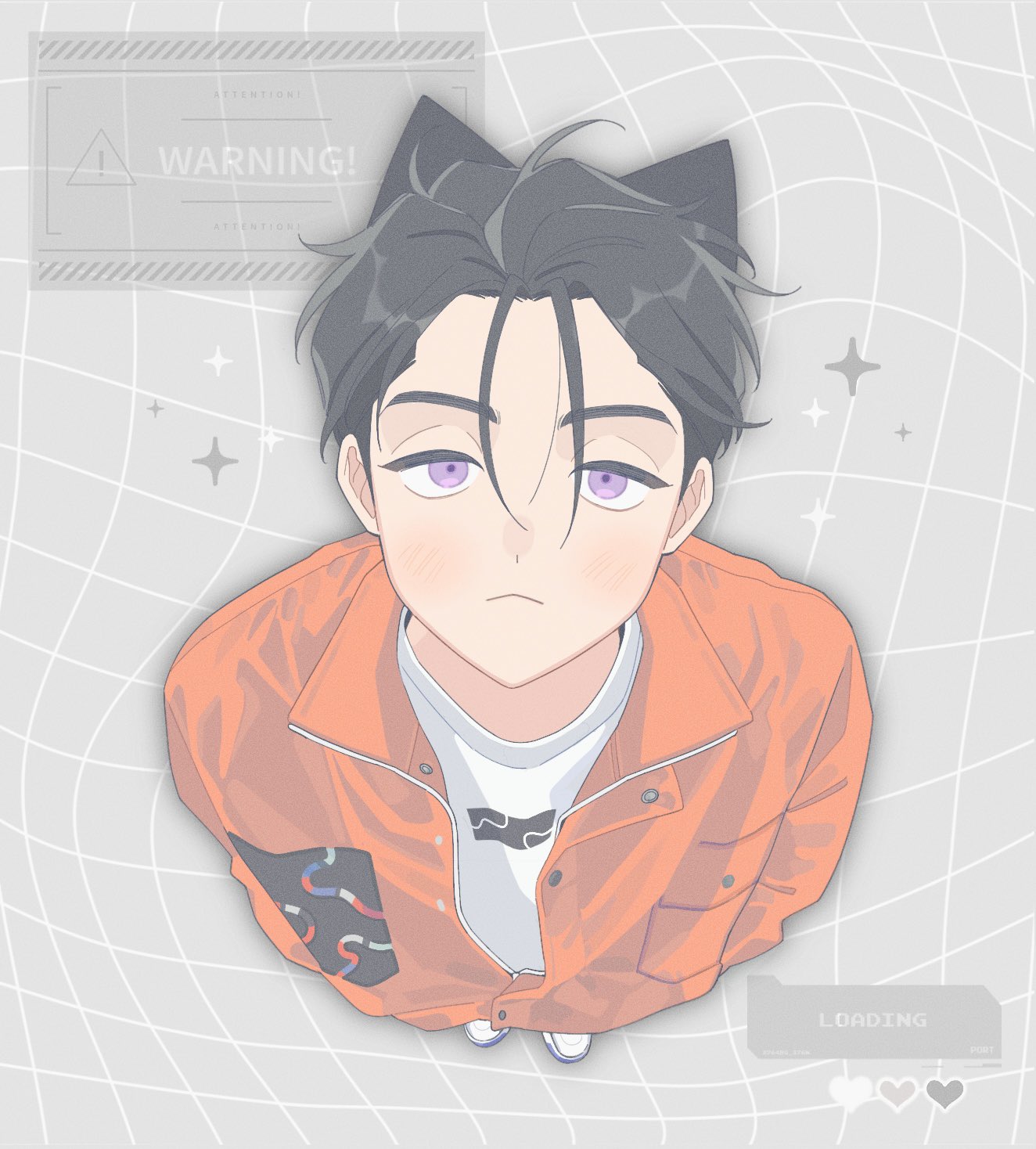 akii 0915, itou fumiya, charisma house, commentary request, highres, 1boy, animal ears, black hair, breast pocket, cat boy, cat ears, closed mouth, crew neck, dot nose, grid background, heart, jacket, kemonomimi mode, looking at viewer, male focus, orange jacket, parted hair, pocket, print shirt, purple eyes, sanpaku, shirt, shoes, short hair, solo, sparkle, standing, tareme, unzipped, white shirt, white shoes, window (computing)