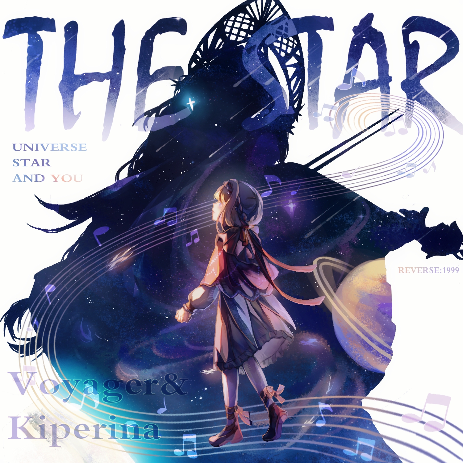 yi zui hua yue, voyager (choir of the stars) (reverse:1999), voyager (reverse:1999), reverse:1999, highres, 2girls, ankle ribbon, backlighting, beamed eighth notes, blonde hair, blue eyes, braid, braided bangs, brown dress, character name, cloak, dress, eighth note, english text, from side, kiperina, leg ribbon, long hair, low ponytail, medium dress, multiple girls, musical note, musical staff, official alternate costume, planet, ponytail, profile, red cloak, red ribbon, red shoes, ribbon, shoes, silhouette, space, star (sky), walking, white background