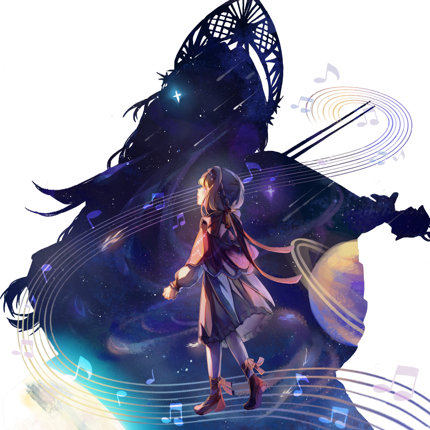 yi zui hua yue, voyager (choir of the stars) (reverse:1999), voyager (reverse:1999), reverse:1999, highres, 2girls, ankle ribbon, backlighting, beamed eighth notes, blonde hair, blue eyes, braid, braided bangs, brown dress, cloak, dress, eighth note, from side, kiperina, leg ribbon, long hair, low ponytail, medium dress, multiple girls, musical note, musical staff, official alternate costume, planet, ponytail, profile, red cloak, red ribbon, red shoes, ribbon, shoes, silhouette, space, star (sky), walking, white background