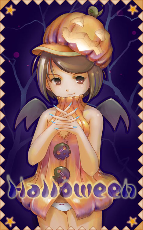 yurikuta tsukumi, original, 1girl, female focus, food-themed clothes, halloween, jack-o'-lantern, panties, pumpkin, pumpkin hat, solo, underwear
