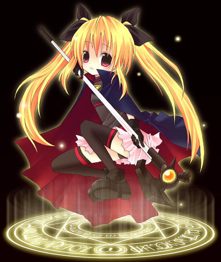 arise riyu, bardiche (assault form) (nanoha), bardiche (nanoha), fate testarossa, fate testarossa (lightning form), lyrical nanoha, mahou shoujo lyrical nanoha, 00s, 1girl, belt, blonde hair, cape, female focus, gloves, magic circle, magical girl, red eyes, solo, thighhighs, twintails
