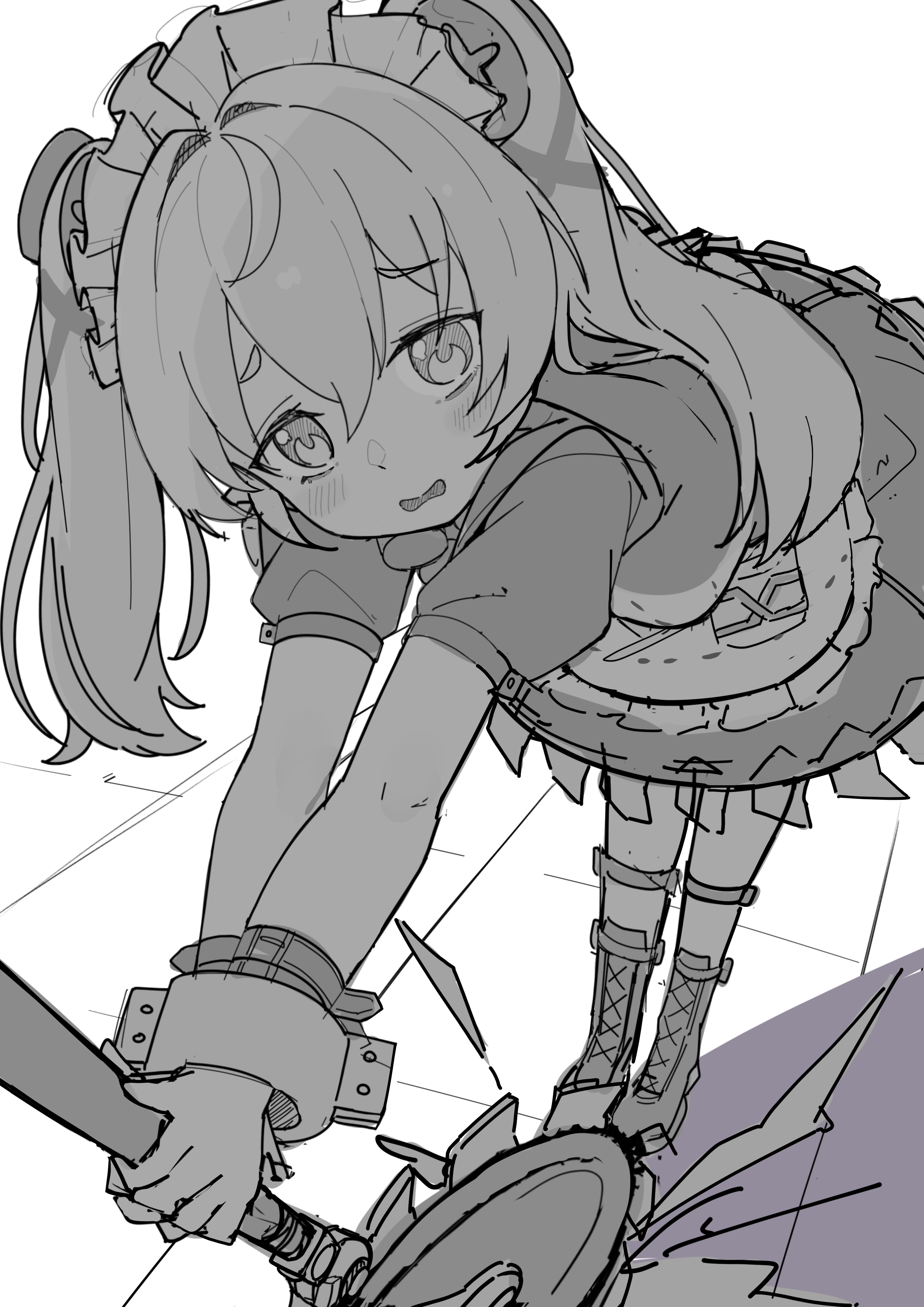 okota mikan, corin wickes, zenless zone zero, absurdres, commentary request, highres, unfinished, 1girl, apron, boots, cuffs, dress, frilled apron, frills, greyscale, hair between eyes, hair intakes, holding, lace-up boots, leaning forward, long hair, looking at viewer, maid, maid headdress, monochrome, parted lips, puffy short sleeves, puffy sleeves, short sleeves, solo, standing, twintails, wavy mouth, white background