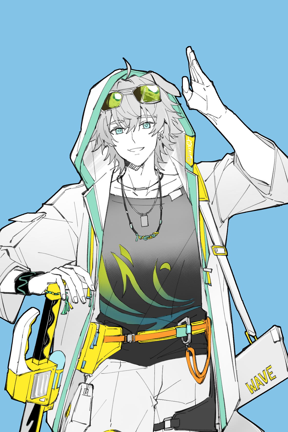piaoliu ping ping ping pingzi, infection monitor (arknights), tequila (arknights), arknights, chinese commentary, commentary request, highres, partial commentary, 1boy, ahoge, animal ears, arm up, blue background, blue eyes, collarbone, cowboy shot, earrings, eyewear on head, fingernails, green-tinted eyewear, hair between eyes, hood, hood up, hooded jacket, jacket, jewelry, looking at viewer, male focus, necklace, open clothes, open jacket, partially colored, salute, shirt, short hair, simple background, smile, solo, standing, t-shirt, tinted eyewear