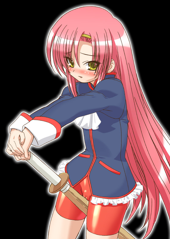gambler club, katsura hinagiku, tenjou utena, bamboo blade, hayate no gotoku!, shoujo kakumei utena, 1girl, bike shorts, black background, blush, cameltoe, cosplay, crotch rub, female focus, female masturbation, gradient background, grinding, kendo, long hair, look-alike, masturbation, pants, pole grind, pussy juice, pussy juice drip, pussy juice drip through clothes, rubbing, shinai, shorts, simple background, solo, sword, tenjou utena (cosplay), tight clothes, tight pants, very long hair, weapon