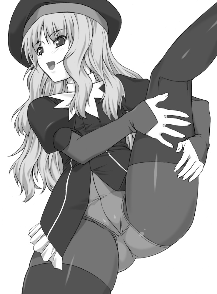 shichimenchou, caren hortensia, fate/hollow ataraxia, fate/stay night, fate (series), 00s, 1girl, female focus, greyscale, hat, layered sleeves, leg lift, monochrome, panties, panties under pantyhose, pantyhose, solo, spread legs, thighhighs, thighhighs over pantyhose, underwear