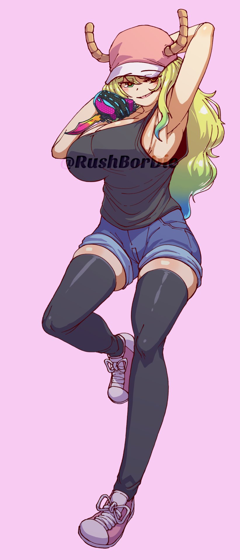 hugo (rushbordie), lucoa (maidragon), counter-strike (series), counter-strike 2, kobayashi-san chi no maidragon, commentary, commentary request, commission, english commentary, highres, 1girl, arm behind head, armpits, baseball cap, black tank top, black thighhighs, blonde hair, blue shorts, breasts, brown horns, full body, gloves, gradient hair, green eyes, green hair, hat, heterochromia, holding, holding knife, horns, horns through headwear, knife, large breasts, long hair, looking at viewer, multicolored hair, open mouth, pink background, pink gloves, purple shoes, shoes, short shorts, shorts, simple background, smile, sneakers, solo, standing, standing on one leg, tank top, thighhighs, twitter username, yellow eyes