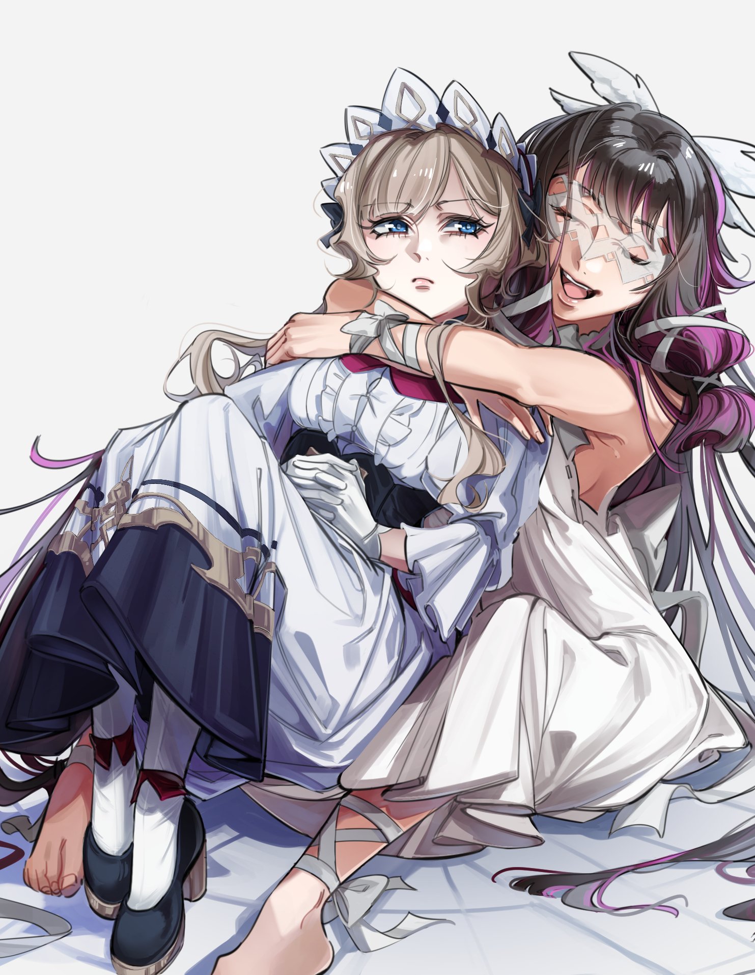 columbina (genshin impact), sandrone (genshin impact), genshin impact, highres, 2girls, :d, barefoot, black hair, black shoes, blue eyes, dress, gloves, grey background, grey hair, hug, hug from behind, long dress, long hair, multicolored hair, multiple girls, open mouth, own hands together, purple hair, shoes, sitting, sleeveless, sleeveless dress, smile, two-tone hair, white dress, white gloves, yeerg (cielodabbay)