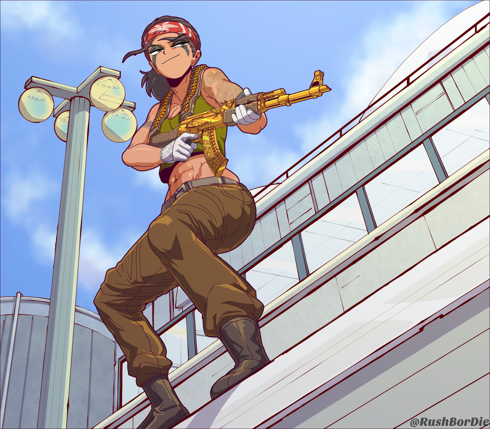 hugo (rushbordie), counter-strike (series), counter-strike 2, commentary, commission, english commentary, highres, 1girl, abs, ak-47, assault rifle, bandolier, belt, black boots, black hair, blue sky, boots, brown pants, building, bullet, closed mouth, cloud, crop top, day, facepaint, full body, gloves, green tank top, guerrilla warfare (counter-strike), gun, gun decal, headband, holding, holding gun, holding weapon, kalashnikov rifle, lamppost, looking afar, midriff, navel, outdoors, pants, red headband, rifle, short hair, sky, smile, solo, tank top, toned, toned female, weapon, white gloves