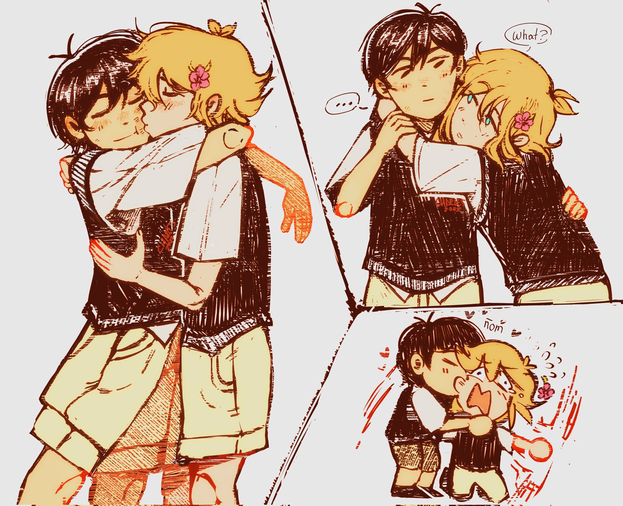 charlesfirework, basil (faraway) (omori), basil (omori), sunny (omori), omori, highres, …, 2boys, antenna hair, biting, biting cheek, black eyes, black hair, black sweater vest, blonde hair, blue eyes, blush, brown shorts, chibi, closed mouth, collared shirt, english text, flower, flying sweatdrops, hair flower, hair ornament, hug, kiss, kissing cheek, looking at another, male focus, multiple boys, open mouth, shirt, short sleeves, shorts, smile, speech bubble, spoken ellipsis, sweater vest, white shirt, yaoi
