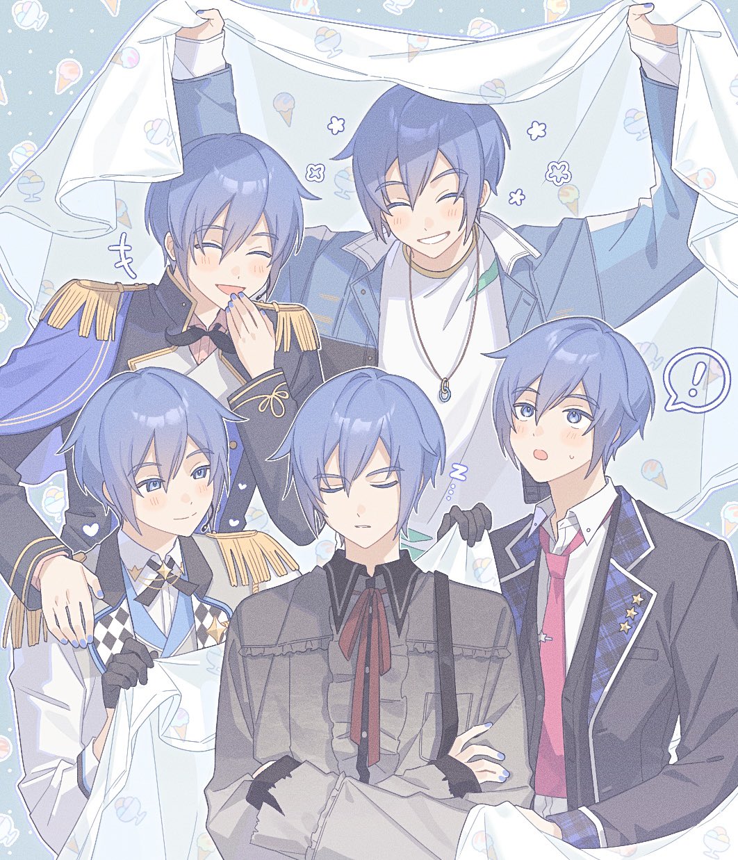 akii 0915, 25-ji kaito, kaito (vocaloid), leo/need kaito, more more jump! kaito, vivid bad squad kaito, wonderlands x showtime kaito, project sekai, vocaloid, commentary request, highres, !, +++, 5boys, ^ ^, arms up, black gloves, black jacket, blanket, blue cape, blue eyes, blue hair, blue jacket, breast pocket, buttons, cape, checkered clothes, closed eyes, collared jacket, collared shirt, crew neck, crossed arms, dot nose, dotted background, double-breasted, double-parted bangs, epaulettes, gloves, grey jacket, grey shirt, grin, hair between eyes, hand on another's shoulder, holding, holding blanket, ice cream cone, jacket, jewelry, lapels, laughing, long sleeves, looking at another, looking up, male focus, multiple boys, multiple persona, necklace, necktie, nervous sweating, open clothes, open collar, open jacket, plaid clothes, pocket, red necktie, sailor collar, shirt, side cape, sleeping, smile, speech bubble, spoken exclamation mark, sweat, t-shirt, teeth, torn clothes, torn sleeves, white shirt, wing collar, zzz
