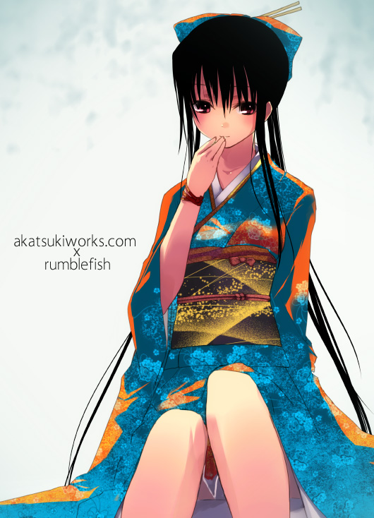 refeia, original, 1girl, black hair, blunt bangs, braid, female focus, japanese clothes, kimono, long hair, red eyes, simple background, solo, very long hair