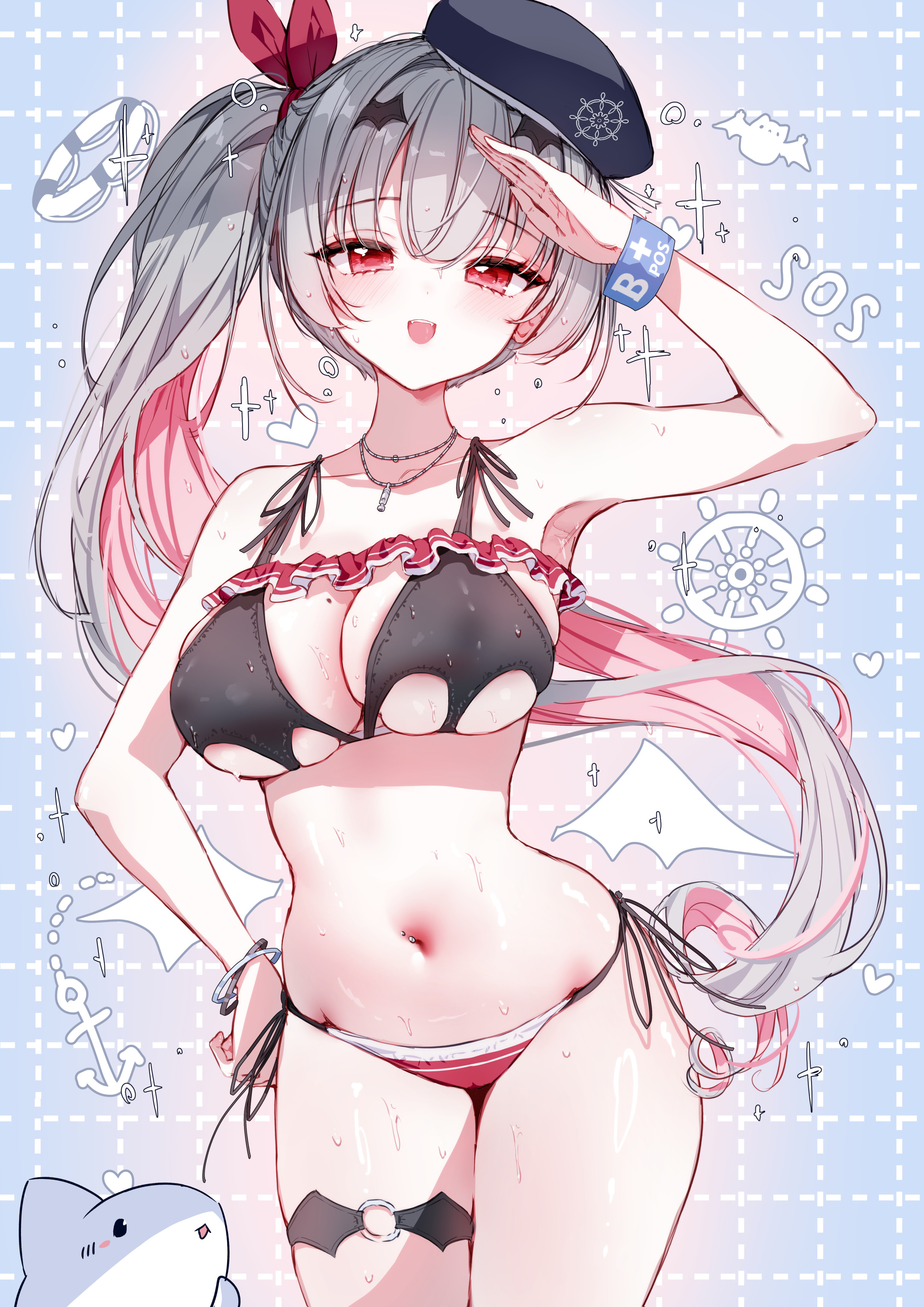 tandohark, original, absurdres, commentary, commission, highres, 1girl, :d, anchor symbol, animal, areola slip, arm up, bangle, bare arms, bare shoulders, beret, bikini, black bikini, black hat, bracelet, breasts, collarbone, detached wings, grey hair, hair between eyes, hair ribbon, hand on own hip, hat, jewelry, large breasts, lifebuoy, long hair, low wings, multicolored hair, open mouth, pink hair, red bikini, red eyes, red ribbon, ribbon, salute, shark, ship's wheel, side-tie bikini bottom, side ponytail, smile, solo, swim ring, swimsuit, two-tone hair, very long hair, wings