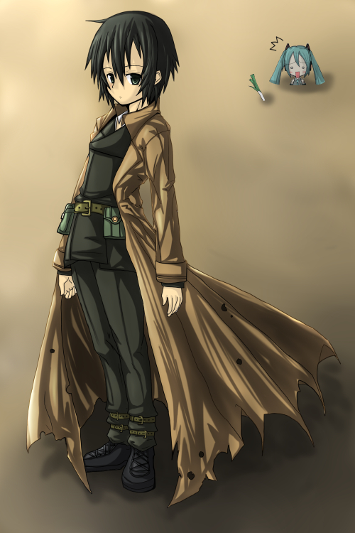 nabeyaki neko, hachune miku, hatsune miku, kino (kino no tabi), kino no tabi, vocaloid, cross-laced footwear, 00s, 2girls, androgynous, aqua hair, arms at sides, black eyes, black hair, bullet hole, chibi, chibi inset, coat, crossover, multiple girls, reverse trap, short hair, spring onion, torn clothes, torn coat, twintails