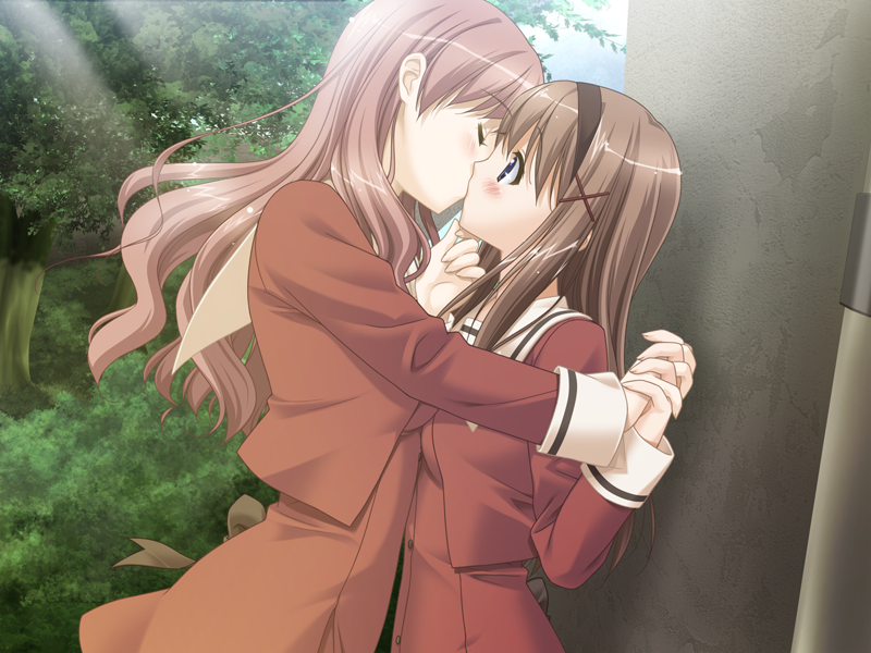 kani biimu, kitajima kaede, kitajima sara, sono hanabira ni kuchizuke wo, game cg, 2girls, blush, closed eyes, cousins, grabbing another's chin, hand on another's chin, holding hands, incest, kiss, multiple girls, school uniform, serafuku, surprised, yuri