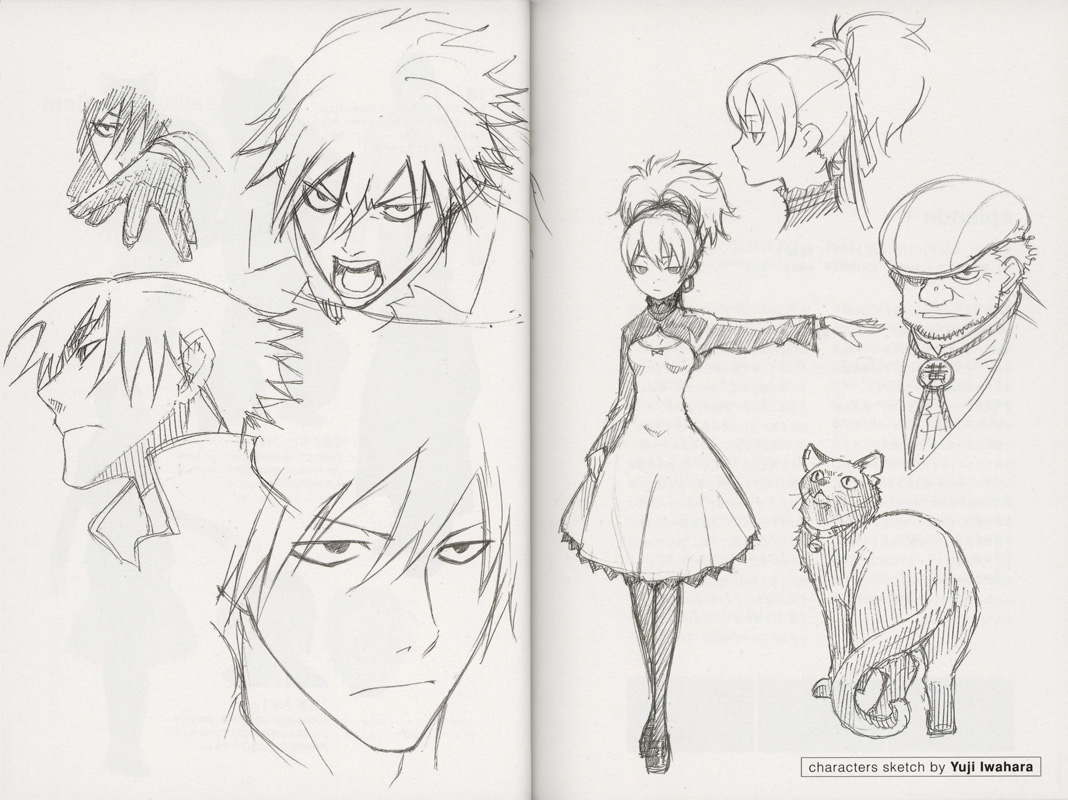 iwahara yuuji, yuji iwahara, hei (darker than black), huang (darker than black), mao (darker than black), yin (darker than black), darker than black, official art, 00s, 1girl, 2boys, black cat, cat, greyscale, monochrome, multiple boys, sketch