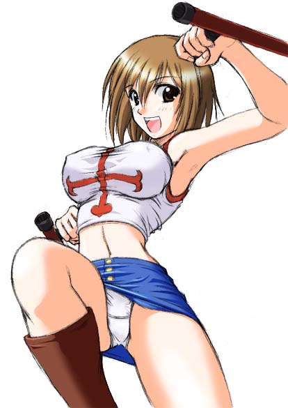 abu, elie, rave (manga), 00s, 1girl, armpits, boots, breasts, brown eyes, brown hair, clothes lift, covered erect nipples, female focus, happy, large breasts, midriff, miniskirt, navel, oekaki, open mouth, panties, pantyshot, pencil skirt, short hair, skirt, skirt lift, sleeveless, smile, solo, tonfa, underwear, weapon, white panties