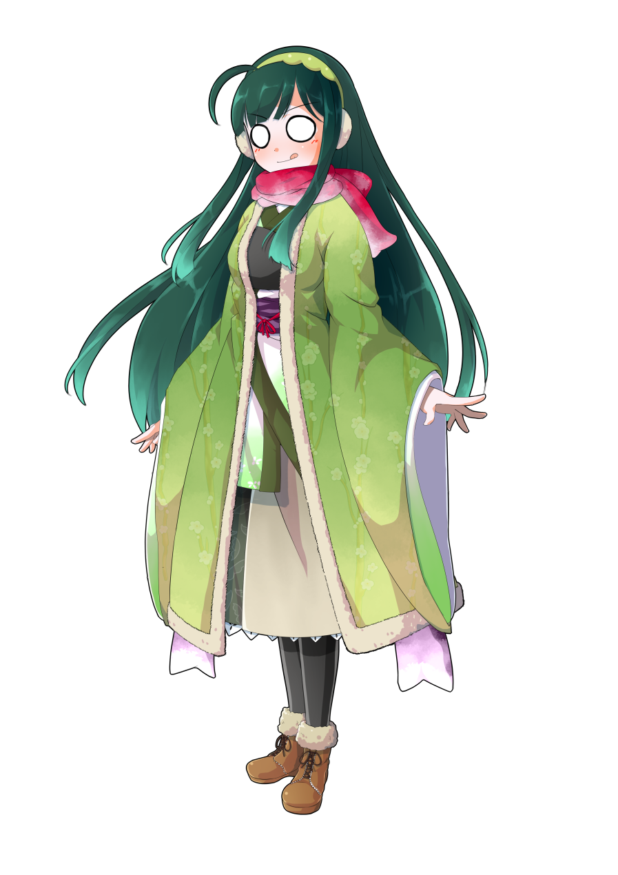 dairi, touhoku zunko, vocaloid, voiceroid, commentary request, highres, large variant set, variant set, 1girl, a-pose, armor, black pantyhose, blush, boots, breastplate, breasts, brown boots, earmuffs, full body, gradient scarf, green hair, green hairband, hairband, japanese clothes, leather, leather boots, legs together, long hair, medium breasts, pantyhose, parted bangs, red scarf, scarf, solo, standing, tachi-e, transparent background, very long hair