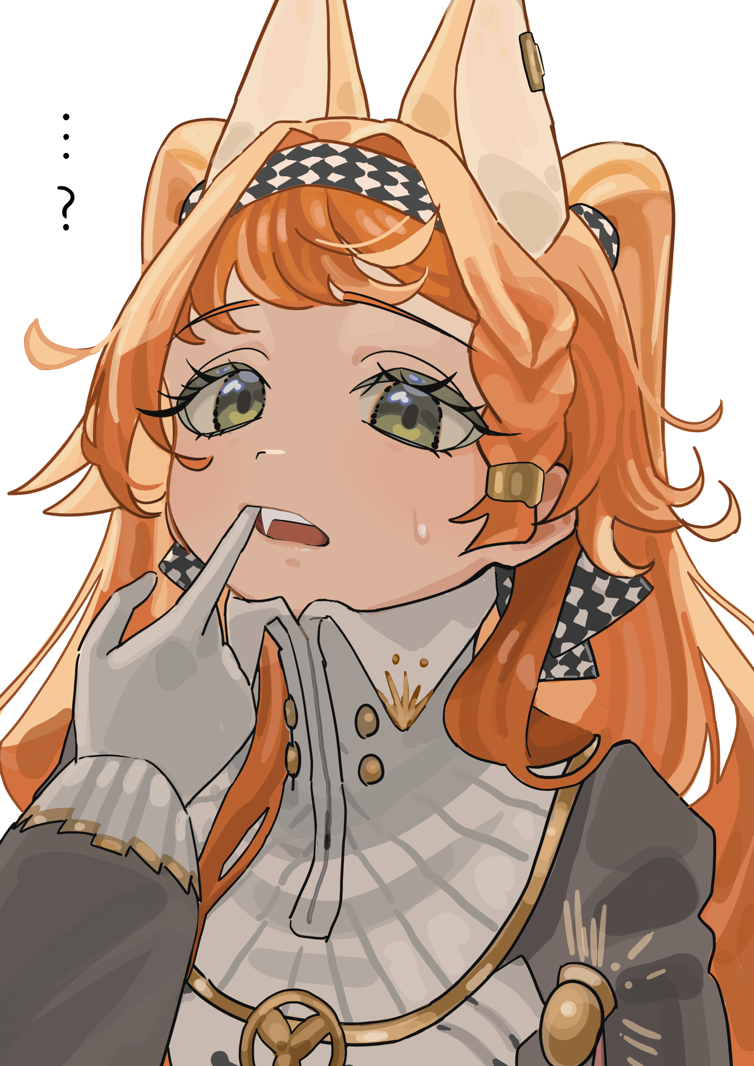 perapera o2, sonetto (reverse:1999), reverse:1999, absurdres, commentary request, highres, …?, 1girl, animal ears, checkered hairband, collared dress, dog ears, dress, fang, finger in own mouth, gloves, green eyes, grey sleeves, hairband, hand up, high collar, kemonomimi mode, long hair, looking at viewer, orange hair, solo, sweat, two side up, upper body, very long hair, white background, white dress, white gloves
