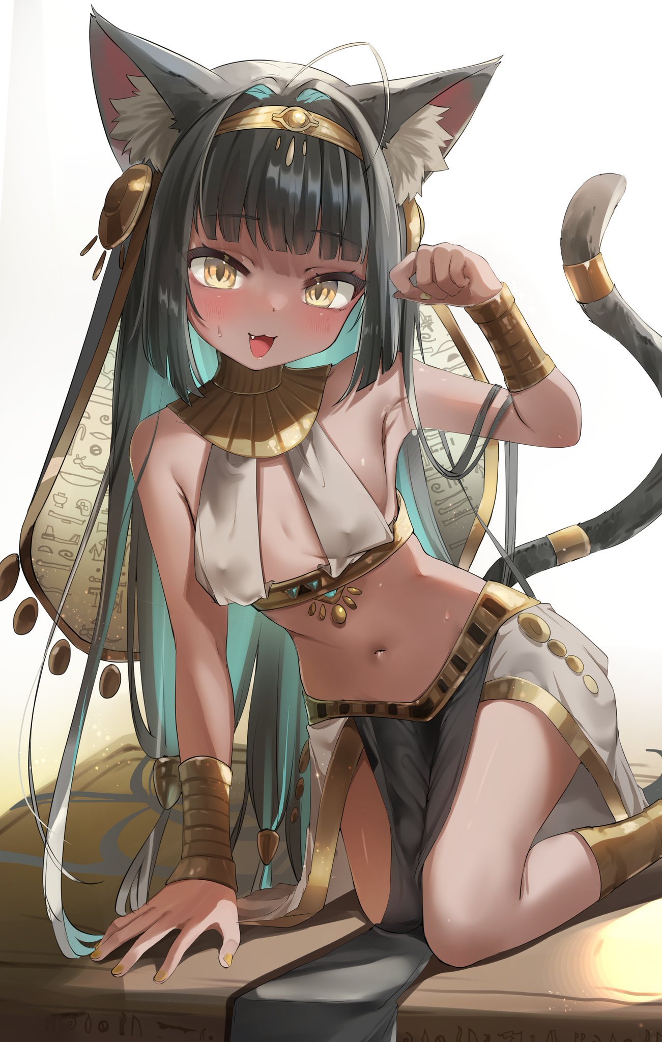 akahaneko, original, commentary, highres, 1girl, :3, ahoge, ancient egyptian, ancient egyptian clothes, animal ear fluff, animal ears, bangle, bare shoulders, black hair, blunt bangs, blush, bracelet, breasts, cat ears, cat tail, colored inner hair, dark-skinned female, dark skin, fang, hair intakes, jewelry, kneeling, long hair, multicolored hair, navel, open mouth, paw pose, small breasts, smile, solo, sweatdrop, tail, tail ornament, tail raised, tail ring, two-tone hair, very long hair, yellow eyes, yellow nails