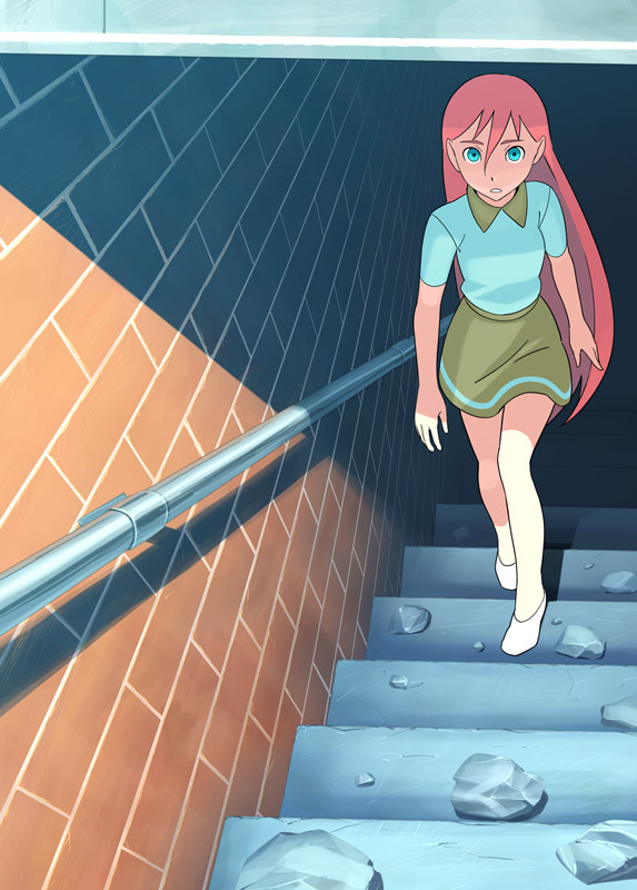 go robots, riruru (doraemon), daichouhen doraemon, doraemon, doraemon: nobita to tetsujin heidan, doraemon: shin nobita to tetsujin heidan: habatake tenshi tachi, 1girl, android, arms at sides, blue eyes, brick wall, collared shirt, debris, female focus, from above, green eyes, hair between eyes, long hair, looking at viewer, looking up, miniskirt, pink hair, robot, rock, shade, shadow, shirt, shoes, short sleeves, skirt, solo, stairs, t-shirt, very long hair, walking, white shoes