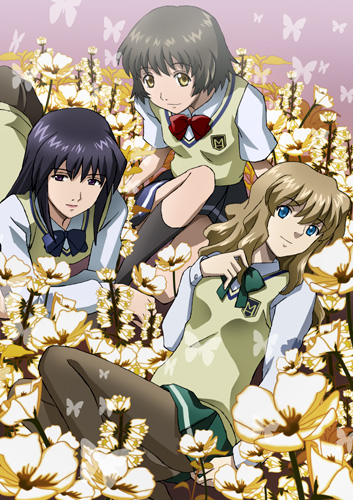 midori (searchlight), kaminagi ryouko, minato (zegapain), misaki shizuno, zegapain, lowres, 00s, 3girls, multiple girls, pantyhose, school uniform, serafuku, sweater, sweater vest, vest