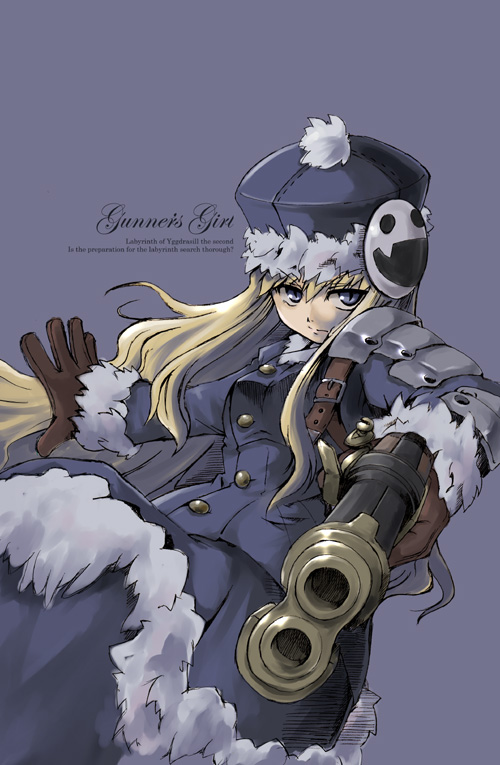 marionette online, satomura kyou, gunner (sekaiju), gunner 2 (sekaiju), jack frost (megami tensei), atlus, etrian odyssey, 1girl, coat, female focus, gun, hat, solo, weapon
