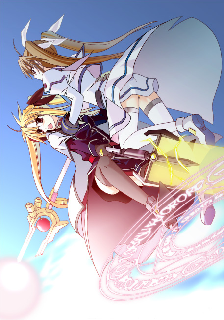 muraya yoshihisa, bardiche (nanoha), bardiche (zanber form) (nanoha), fate testarossa, fate testarossa (impulse form), raising heart, raising heart (buster mode), takamachi nanoha, takamachi nanoha (aggressor mode), lyrical nanoha, mahou shoujo lyrical nanoha, mahou shoujo lyrical nanoha strikers, 00s, 2girls, blonde hair, cape, energy sword, fingerless gloves, gloves, magic circle, magical girl, multiple girls, sword, thighhighs, twintails, weapon, zettai ryouiki