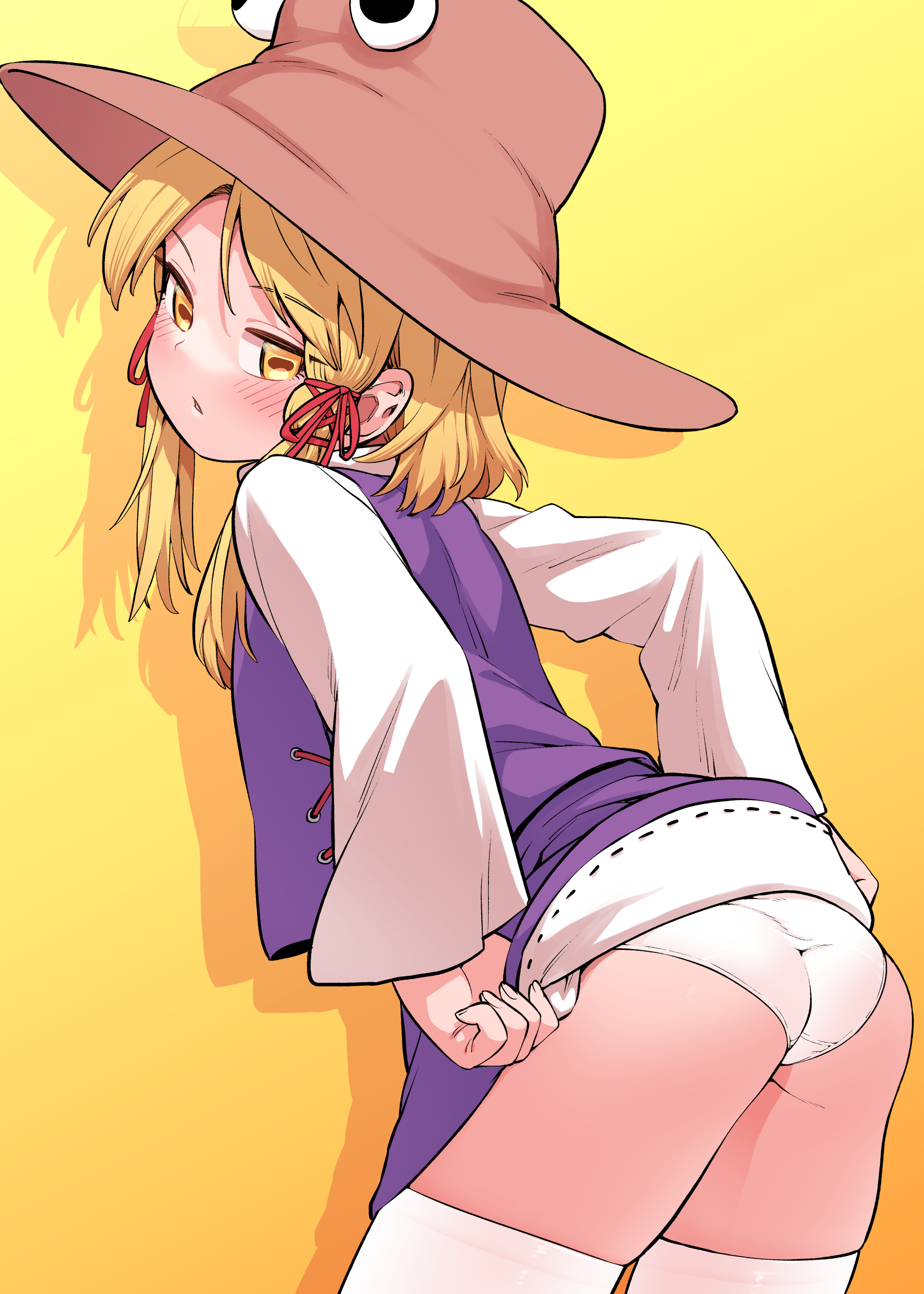fuuzasa, moriya suwako, touhou, absurdres, commentary request, highres, 1girl, ass, blonde hair, blush, brown hat, closed mouth, clothes lift, cowboy shot, expressionless, from behind, hair ribbon, hat, horizontal pupils, leaning forward, lifting own clothes, long sleeves, looking at viewer, looking back, medium hair, panties, purple skirt, purple vest, red ribbon, ribbon, shadow, shirt, skirt, skirt lift, skirt set, solo, thighhighs, underwear, vest, white panties, white shirt, white thighhighs, yellow background, yellow eyes