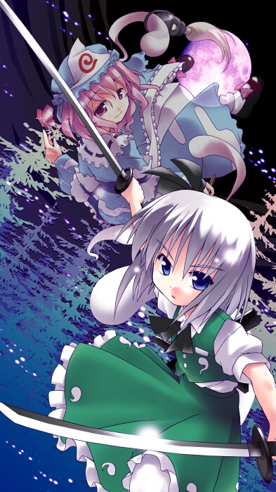 toto nemigi, konpaku youmu, saigyouji yuyuko, touhou, 2girls, blue eyes, bow, bug, butterfly, dual wielding, female focus, grey hair, hat, holding, insect, katana, long sleeves, moon, multiple girls, multiple swords, pink eyes, pink hair, short hair, short sleeves, skirt, sword, triangular headpiece, weapon