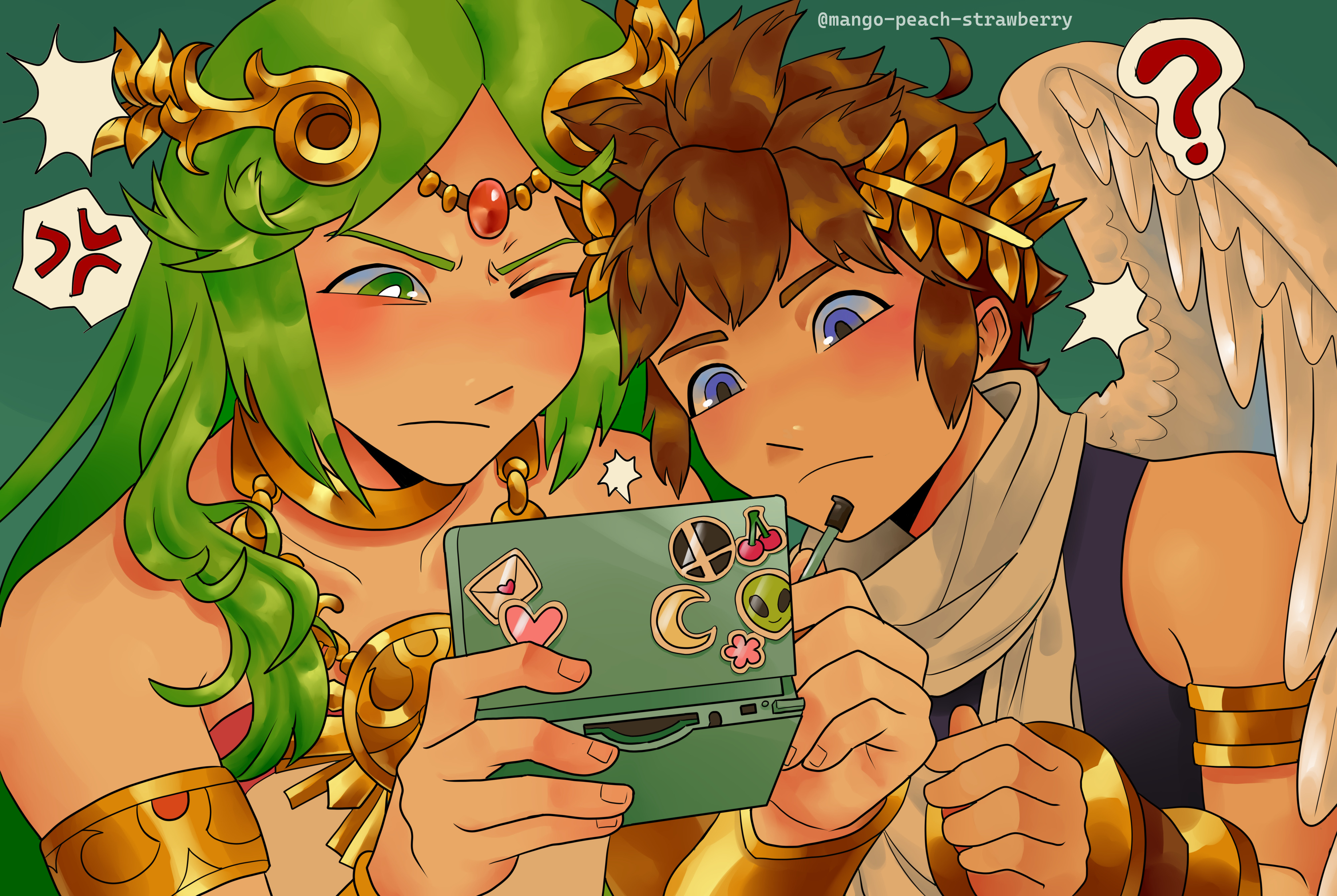 mango-peach-strawberry, palutena, pit (kid icarus), kid icarus, kid icarus uprising, nintendo, super smash bros., absurdres, highres, 1boy, 1girl, ?, ahoge, angel, angel wings, anger vein, blue eyes, brown hair, chain, circlet, collarbone, gold chain, green background, green eyes, green hair, handheld game console, heart, holding, holding handheld game console, holding stylus, kid icarus uprising tutorial redraw (meme), laurel crown, meme, nintendo 3ds, one eye closed, sticker, stylus, super smash bros. logo, tumblr username, wings