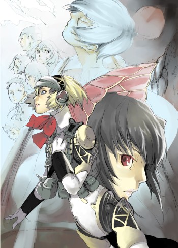 aigis (persona), amada ken, iori junpei, kirijou mitsuru, metis (persona), sanada akihiko, takeba yukari, yamagishi fuuka, yuuki makoto (persona 3), atlus, persona, persona 3, persona 3 the answer, lowres, 4boys, 5girls, android, blonde hair, blue hair, bow, closed eyes, everyone, multiple boys, multiple girls, red eyes, ribbon, short hair