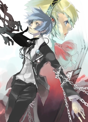 aigis (persona), yuuki makoto (persona 3), atlus, persona, persona 3, persona 3 the answer, lowres, blonde hair, blue hair, bow, chain, digital media player, digital walkman, headphones, ribbon, school uniform, serafuku, short hair, walkman nw-s203f
