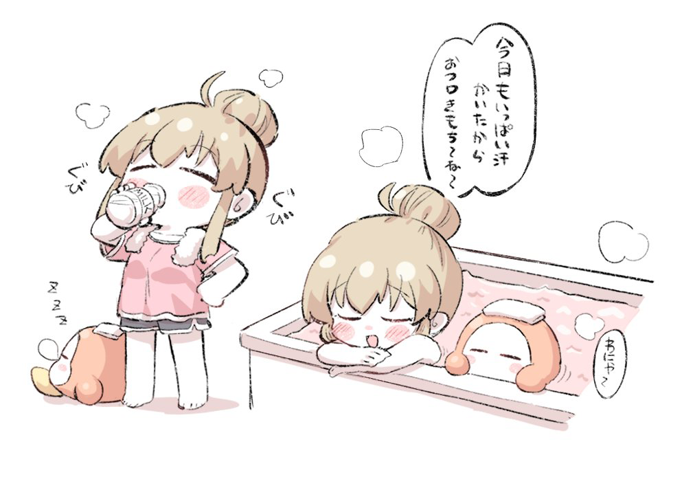ngetyan, kousaka umi, waddle dee, idolmaster, idolmaster million live!, kirby (series), nintendo, commentary request, translation request, 1girl, arm rest, bathing, bathtub, blush stickers, bottle, brown hair, closed eyes, crossover, dolphin shorts, drinking, hair bun, hand on own hip, head rest, holding, holding bottle, in bathtub, milk bottle, nose bubble, pink shirt, shirt, shorts, simple background, single hair bun, speech bubble, towel, towel around neck, towel on head, white background, zzz