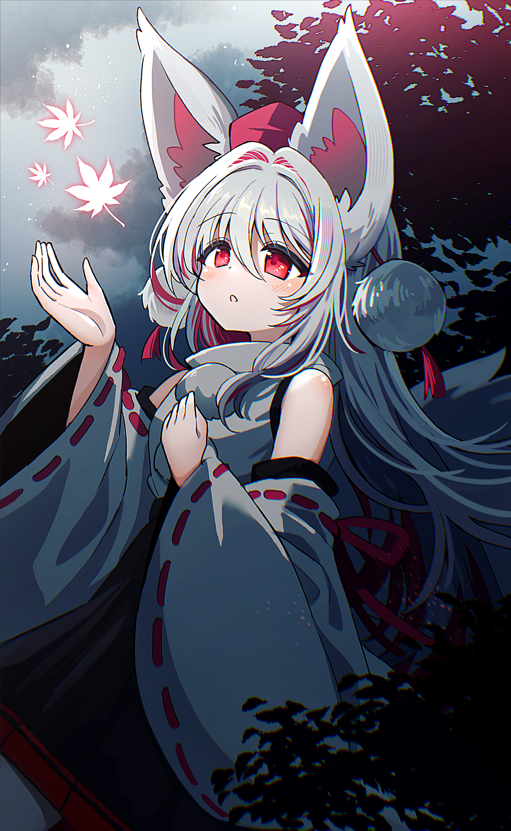 pokopoko ponzu, inubashiri momiji, touhou, absurdres, commentary request, highres, 1girl, alternate hair length, alternate hairstyle, animal ear fluff, animal ears, black skirt, blush, cowboy shot, detached sleeves, glowing leaves, grey hair, grey shirt, grey sky, grey sleeves, hands up, hat, leaf, long hair, maple leaf, open mouth, overcast, pom pom (clothes), red eyes, red hat, ribbon-trimmed sleeves, ribbon trim, shirt, skirt, sky, sleeveless, sleeveless shirt, solo, tail, tokin hat, tree, wolf ears, wolf girl, wolf tail
