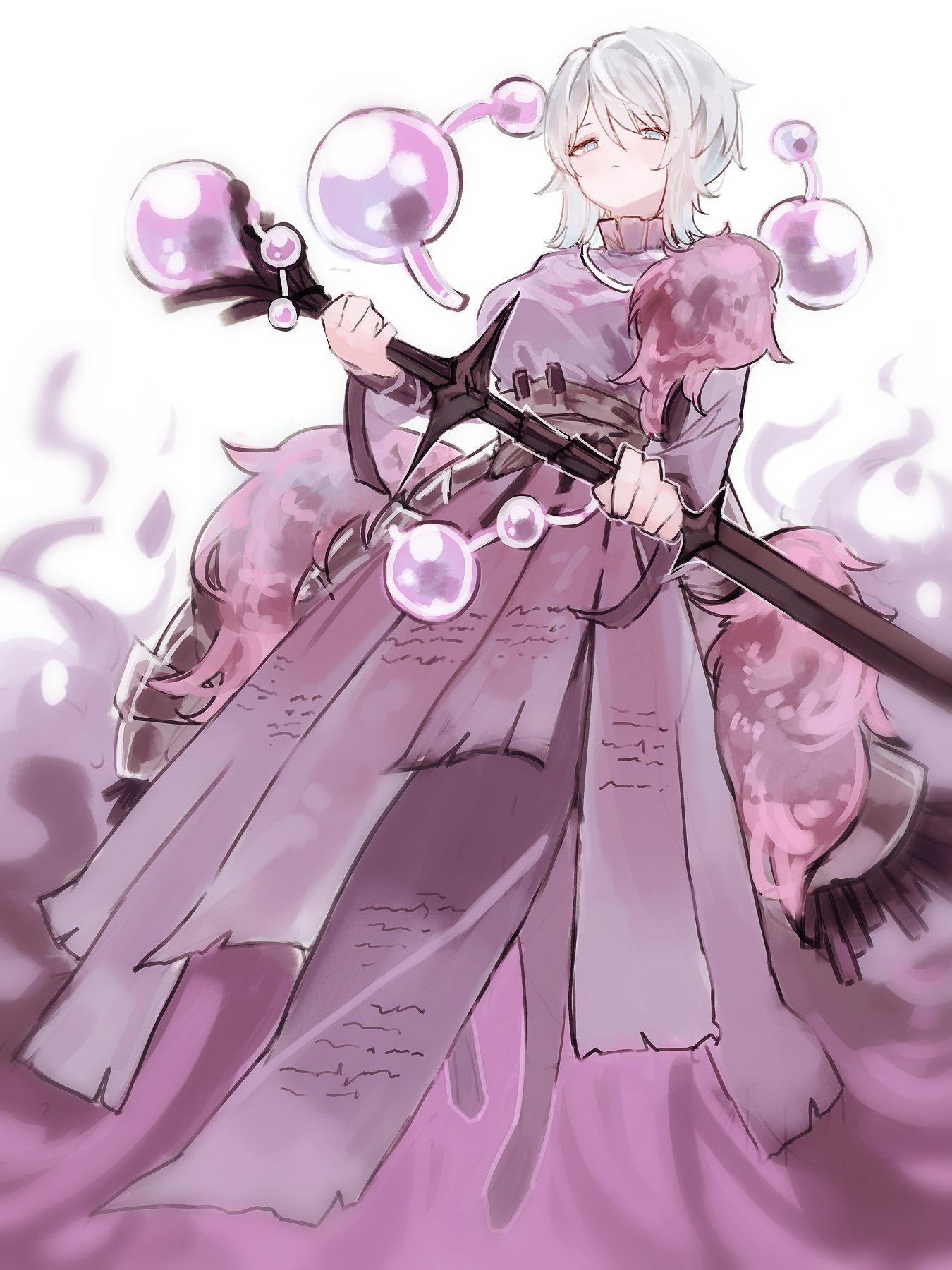 starhoshi, faust (project moon), limbus company, project moon, highres, 1girl, alternate costume, blue eyes, bubble, closed mouth, dress, e.g.o (project moon), full body, fur trim, holding, holding staff, long sleeves, looking at viewer, purple dress, short hair, simple background, solo, staff, standing, white background, white hair