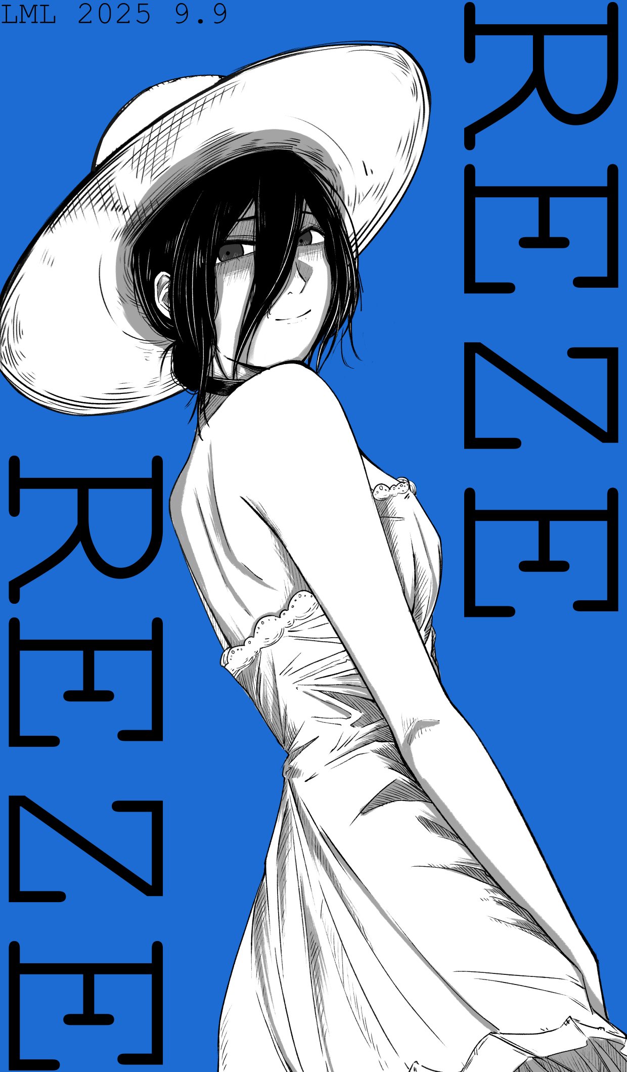 reze (chainsaw man), chainsaw man, highres, 1girl, artist name, blue background, character name, choker, closed mouth, dated, dress, greyscale with colored background, hair between eyes, hat, light smile, lml1880828, medium hair, solo, sun hat